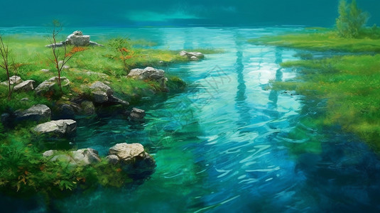 碧蓝的湖水插画图片