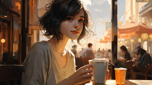 咖啡厅里的短发女孩背景图片