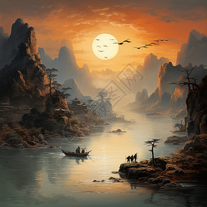 日落下的山水景观图片