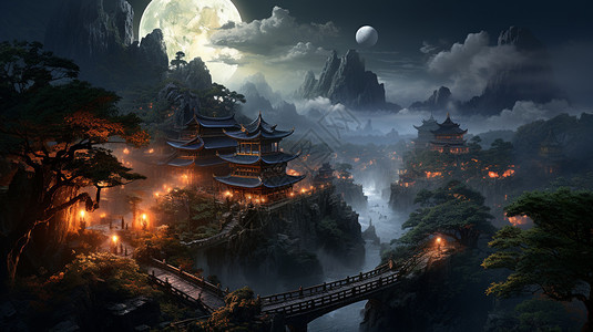 夜晚山中的佛教建筑群图片