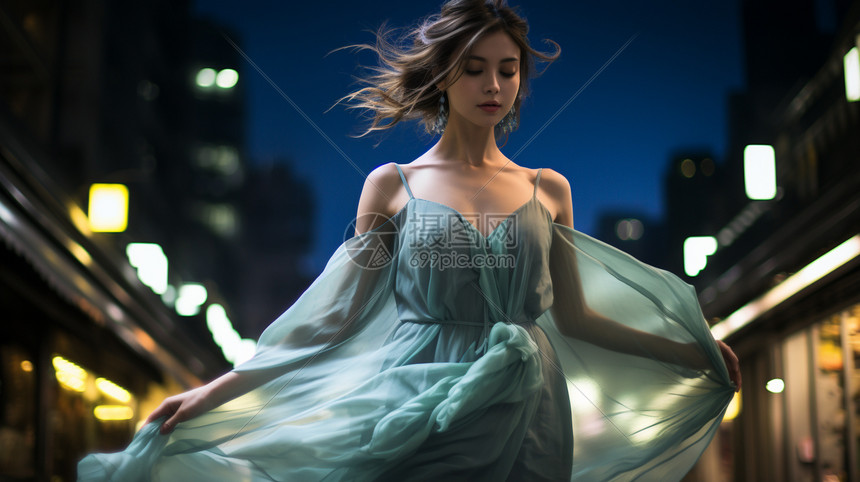 夜晚城市中穿纱裙的美女图片