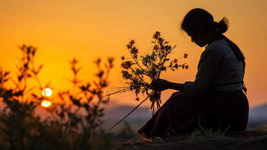 夕阳下采花的少女背景图片