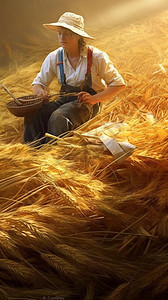 麦田里收割的农民图片