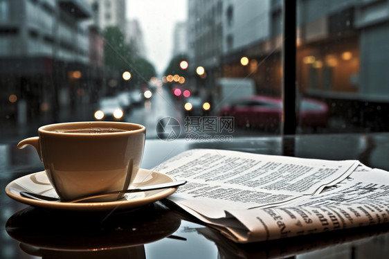 报纸旁的咖啡饮料图片