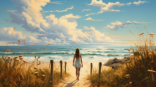 海边度假的女子油画插图图片