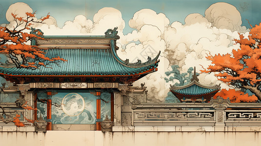 仿古中国古建筑艺术插图背景图片