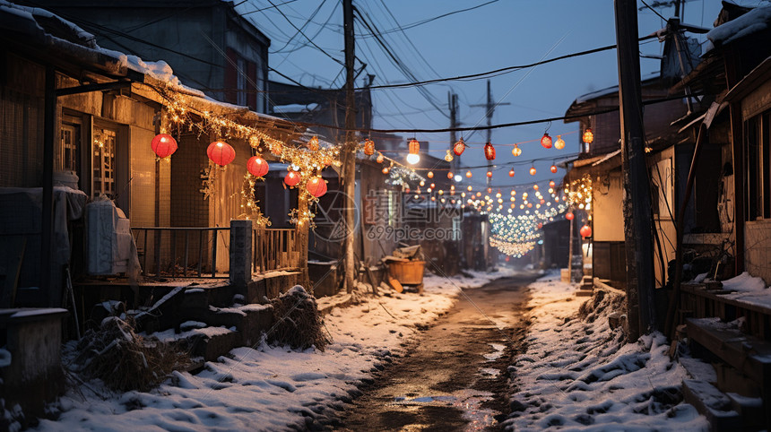 冬天东北夜晚的乡村街道图片