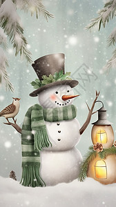 可爱的圣诞雪人站在雪地里背景图片