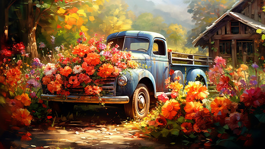 农场开满鲜花的卡车创意插图图片