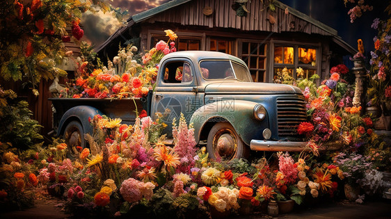 乡野中满鲜花的旧卡车图片