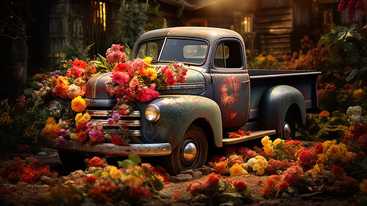 复古风格开满鲜花的旧卡车图片