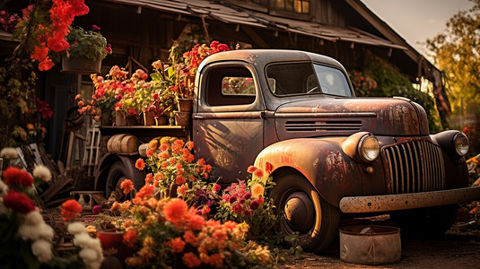 农村开满鲜花的旧卡车图片