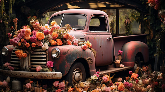 开满鲜花的旧卡车图片
