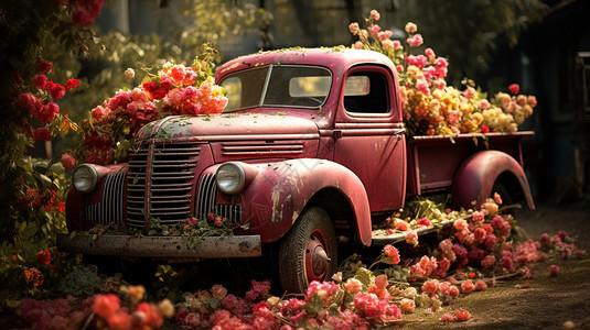 旧卡车开满了鲜花图片