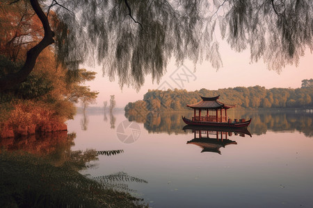 柳树下的湖边的风景图片