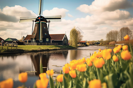 荷兰风车风景背景图片