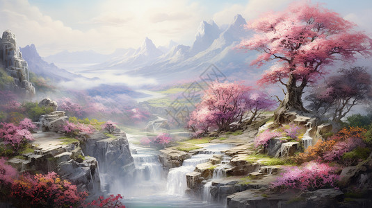 春天森林瀑布的美丽景观图片