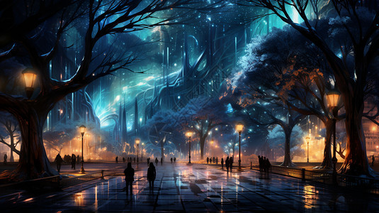 未来城市的夜晚景观插图图片