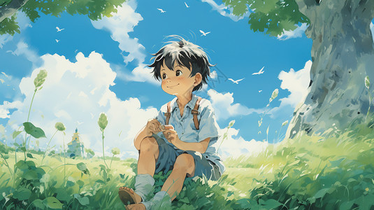宫崎骏风格的夏季小男孩插图图片