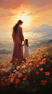山顶中的母亲和孩子油画插图图片
