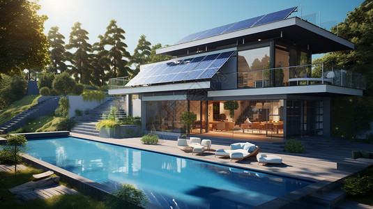 现代别墅上方的太阳能板图片