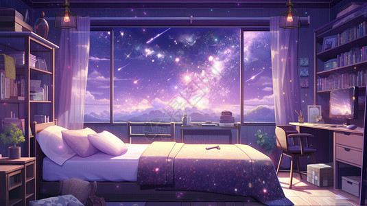 紫色清新的卡通卧室图片