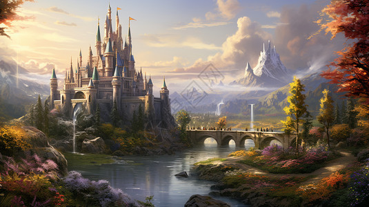 宏伟美丽的城堡油画插图图片