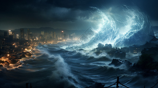海洋灾害海啸灾害对城市的破坏概念图设计图片