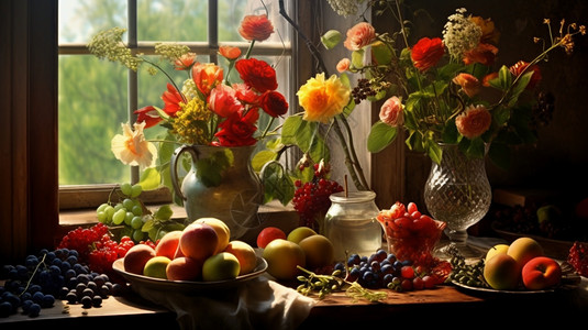 窗台上的鲜花和水果图片