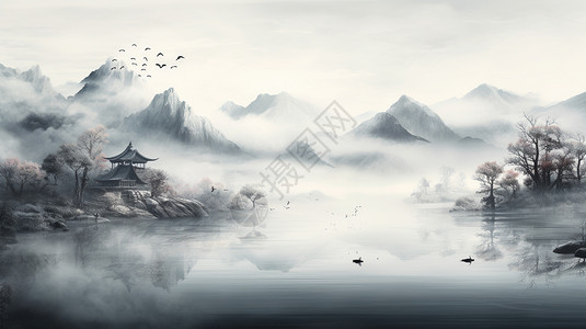 古代山川河流的水墨画插图背景图片