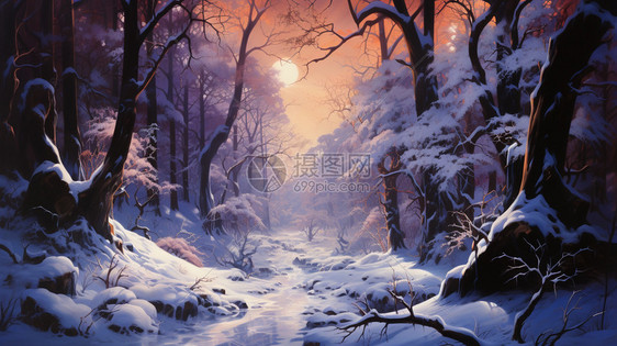 日落时冬天森林景观的插图图片