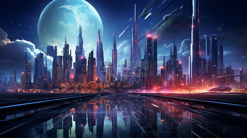 未来派霓虹城市景观图片