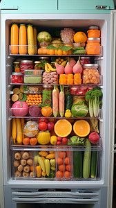 堆满蔬菜水果的冰箱背景图片