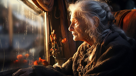 窗边孤独的老人背景图片