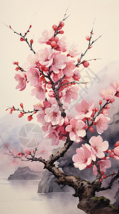 盛开的桃花水墨画图片
