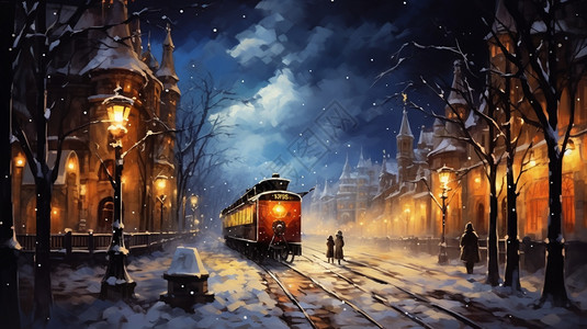 雪夜中的电车图片