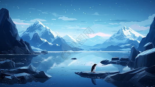 雪山下的企鹅插画图片