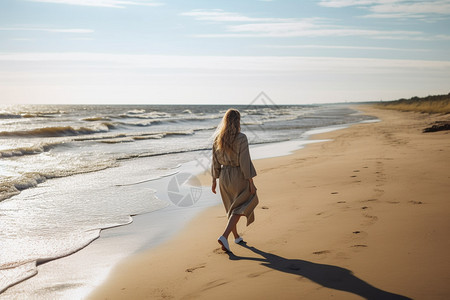 海滩上行走的女士图片