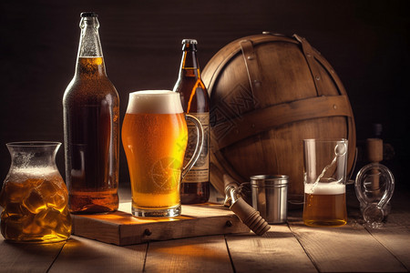 木桌上的啤酒图片