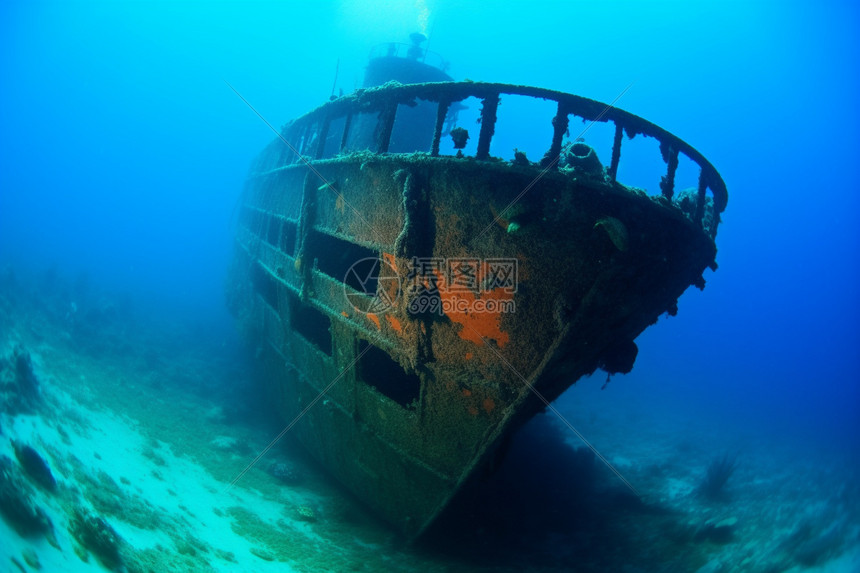 探索沉船废墟的潜水者图片