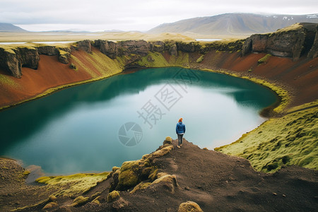男子站在火山口湖边图片