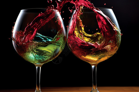 两杯飞溅着的葡萄酒图片