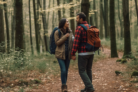 户外森林徒步旅行的情侣背景图片