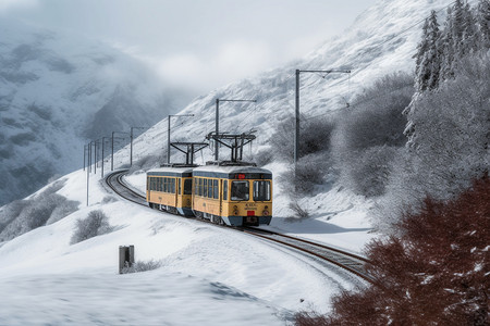 冬天雪山中行驶的火车图片