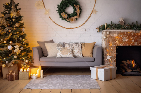 圣诞树旁的沙发图片