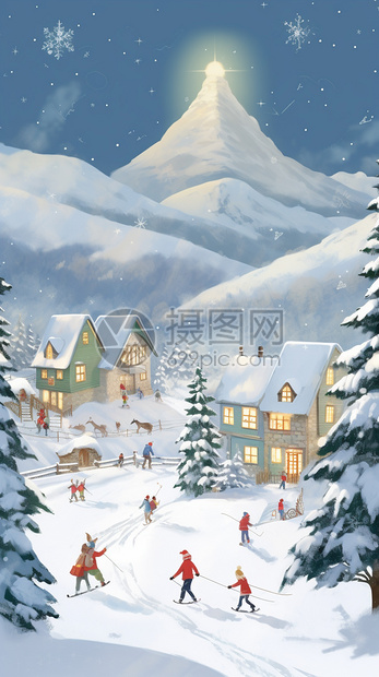 雪山中滑雪的创意插图图片
