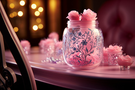 粉玫瑰背景桌上摆放的粉色瓶子背景
