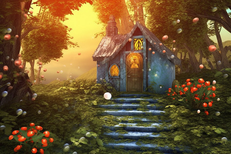 神秘的林中小屋插画背景图片