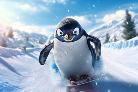 可爱的企鹅滑雪创意插图图片