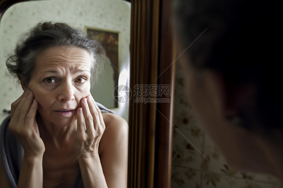 镜子前沮丧的中年妇女图片